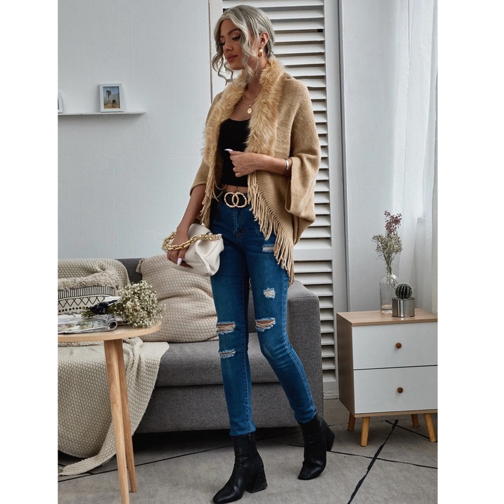 Open Poncho Style Cocoon Cardigan Sweater in Khaki Fringe Detailed - Picture 4 of 6